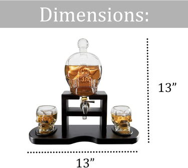 Skull Skeleton Wine & Whiskey Decanter Set 750 mL With 2 Skull 3oz Skeletons Shot Glasses + Mahogany Wooden Base & Pouring Spigot Decor Glass, Goth Spooky Drinking Glassware The Wine Savant-3